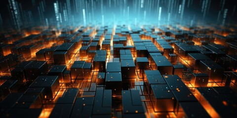 Obraz premium Abstract digital background with glowing blue matrix rain over 3D cubes landscape.