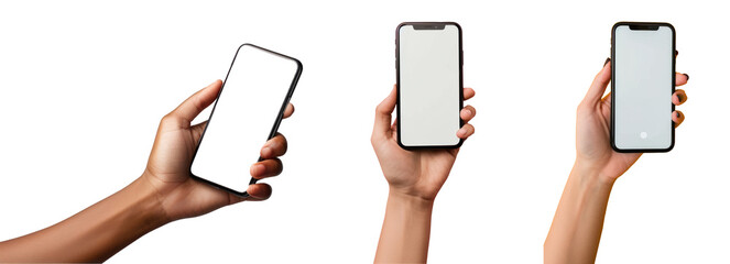 a womans hand is holding an iphone with a white screen on transparency background PNG