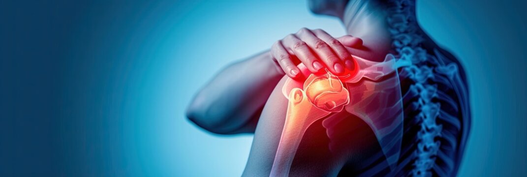 Shoulder pain concept with injured red area that's sore and dislocated on man's body