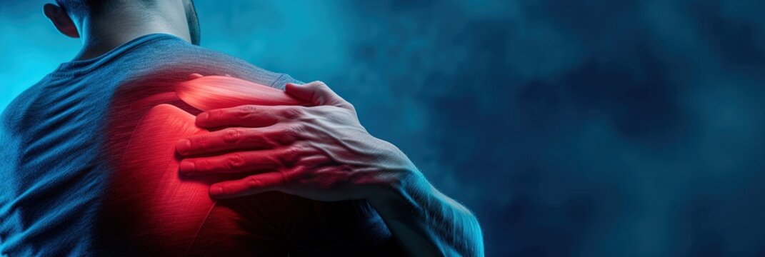 Shoulder pain concept with injured red area that's sore and dislocated on man's body