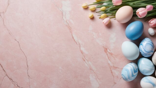 Stylish Easter eggs and spring flowers border on pink marble flat lay, with space for text. Happy Easter!