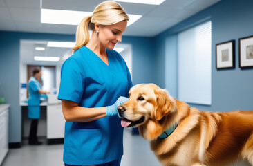 A female veterinarian with blond hair in a blue medical coat cleans the ears of a Golden Retriever dog. Dog pet health care, veterinary clinic.