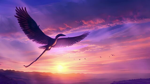 As the sky turns a deep purple Microraptor swoops and dives its long tail feathers catching the last bits of light from the setting sun.