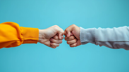 Teamwork, fist bump and motivation, cooperation and trust, goals and support.