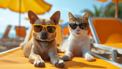 Cat and dog wearing sunglasses relaxing on beach chairs.