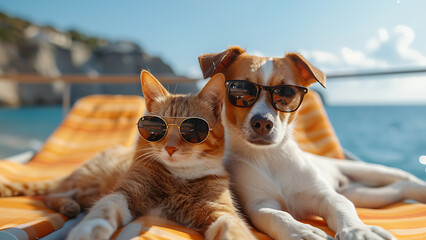 Cat and dog wearing sunglasses relaxing on beach chairs.