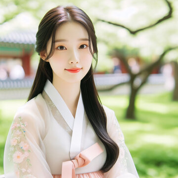 A beautiful Korean woman wearing a traditional Korean dress: Hanbok	