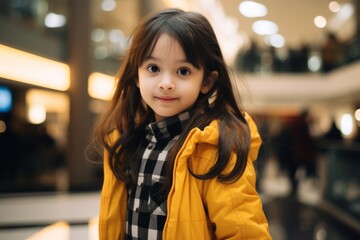 Cute asian little girl in yellow coat in shopping mall.