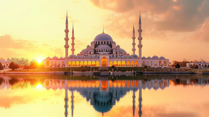 Obraz premium Mesmerizing Sunset at Sharjah Mosque: Second Largest in the UAE with Stunning Islamic Architecture