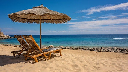 A pair of sun loungers and a beach umbrella on the beach. 
