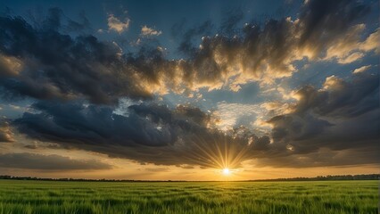 Naklejka na ściany i meble a sunset over a green field with the sun shining through the clouds and the sun shining through the leaves, wind moving green grass, panoramic view, summer scenery
