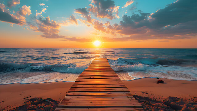 View of white sand beach with wooden pier.