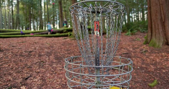 An out-of-focus man sinking a disc golf putt into the in-focus chains in the Pacific Northwest forest in slow motion at 120 fps