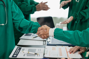 Medical team or doctor holding hands in interview Good job or successful promotion at the meeting...