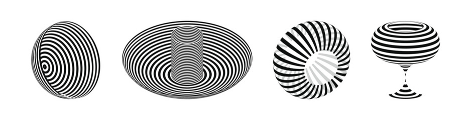Vector illustration of geometric shapes minimalistic graphic design with black and white striped patterns, rendered in 3d.