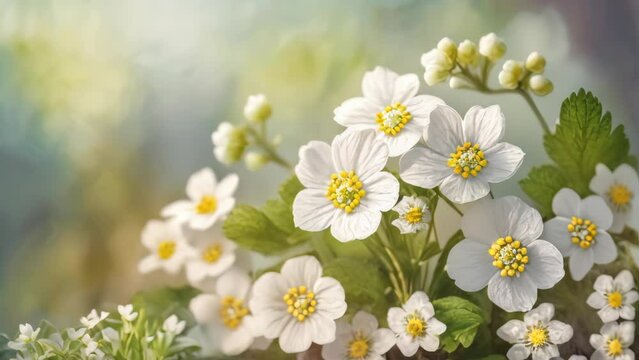 Spring forest white flowers primroses with Blurred blue sky .Floral nature background.
