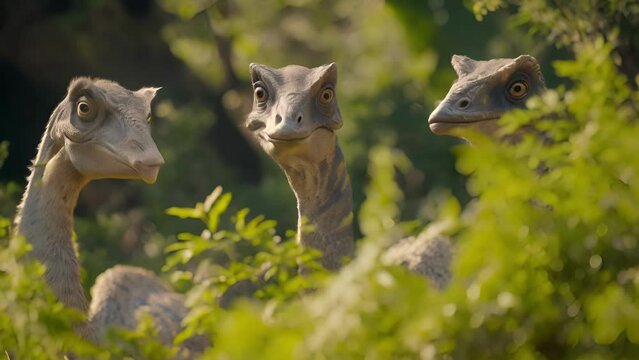 A small group of hadrosaurs munching on vibrant green bushes their ducklike beaks perfectly adapted for grazing.