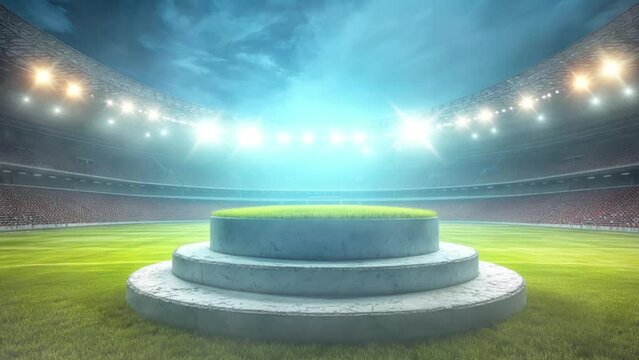 podium in the center of a football stadium, surrounded by rows of empty seats and light flashes. animation looping video style background