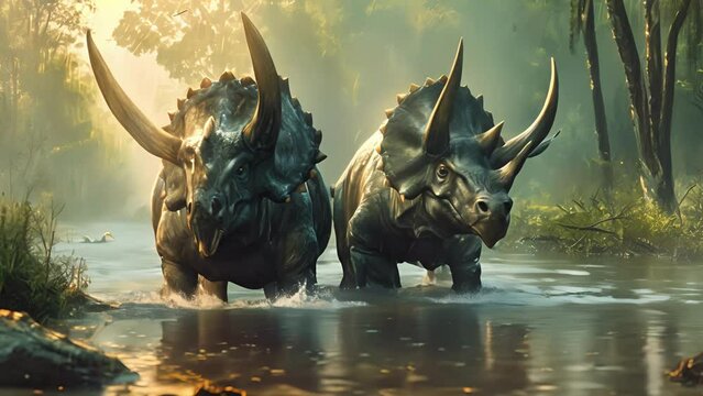 Two triceratops wading through murky floodwaters their strong horns leading the way.
