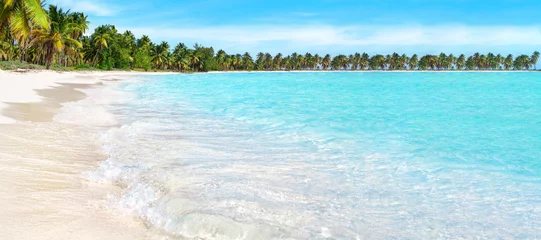 Papier Peint photo Turquoise Tropical paradise island panoramic view, sea sand beach panorama, exotic nature, ocean water, wave, palm tree, sun sky cloud, beautiful Caribbean landscape, Maldives, Thailand, summer holiday vacation