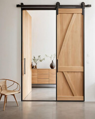 Minimalist Gallery Space with Sculptural Furniture and Sliding Doors Gen AI
