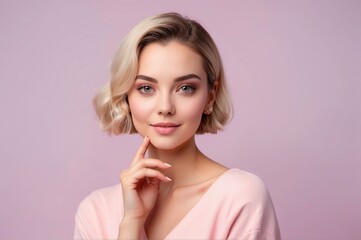 portrait of a woman Skin Care Sophistication Fresh-Faced Woman with Cosmetic Cream Isolated on pink Background	

