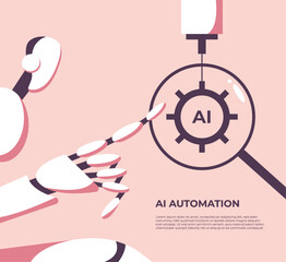 Automation with AI. Quality control of artificial intelligence. Robot tester prints a part for an automated process. Flat vector illustration.