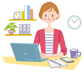 パソコンで仕事する女性　在宅で副業する主婦　オフィスで働く若い女性