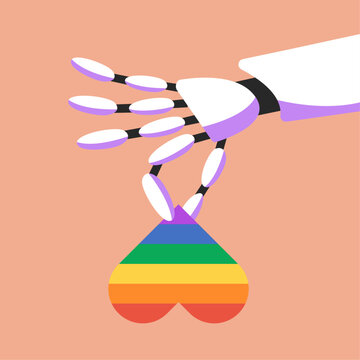 AI Robot's hand holds an upside down LGBT Heart. Flat vector illustration.