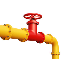 Yellow pipeline with red crane isolated on white background. Oil and gas industry concept. 3d-rendering