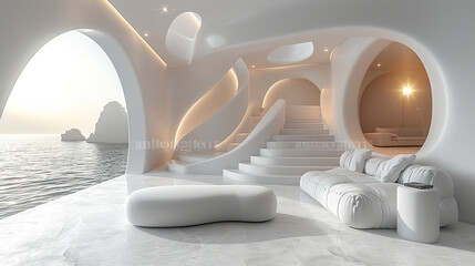 Living room interior with sofa, white floor and stairs. Created with Ai - obrazy, fototapety, plakaty