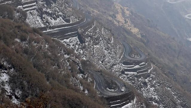  Zuluk, snowfall, road, car, travel, route, mountains, winter,  east Sikkim, Sikkim, India.
