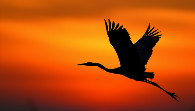 In the vibrant orange hues of the sunset sky, the silhouette of a bird with outstretched wings embodies grace and freedom in flight