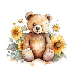 Cute cartoon watercolor bear with sunflower on a transparent background