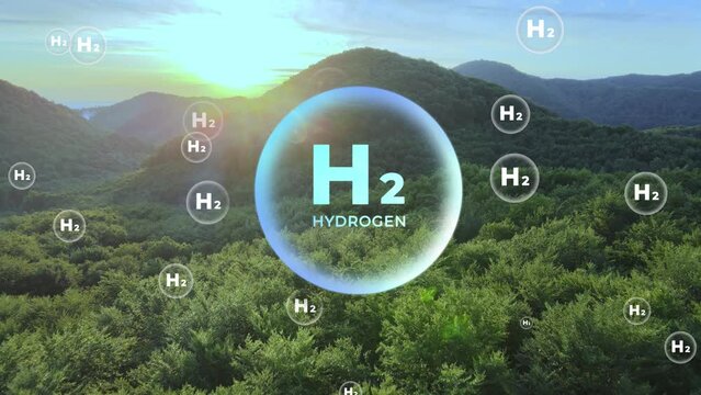 Hydrogen H2 Bubbles Over Dense Forest And Mountains At Sunrise. Zero-waste Concept. drone shot