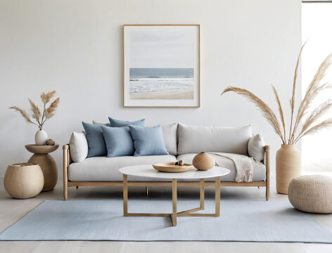 Serene Coastal Minimalism - Professional close-up photo of a minimalist living room with subdued tones and organic asymmetry Gen AI