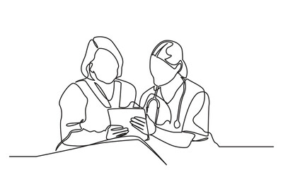 Continuous line drawing of a woman doctor showing patient paper documents. The young female doctor gives female patients consultation sessions while reading medical records. vector illustration  © Thuin_prodesign