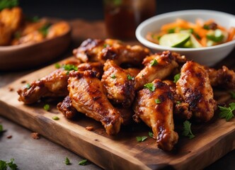 Grilled chicken wings with vegetables on a wooden board, selective focus.