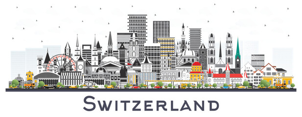 Obraz premium Switzerland City Skyline with Gray Buildings isolated on white. Modern and Historic Architecture. Switzerland Cityscape with Landmarks. Bern. Basel. Lugano. Zurich. Geneva.
