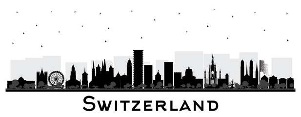Switzerland City Skyline silhouette with black buildings isolated on white. Modern and Historic Architecture. Switzerland Cityscape with Landmarks. Bern. Basel. Lugano. Zurich. - obrazy, fototapety, plakaty