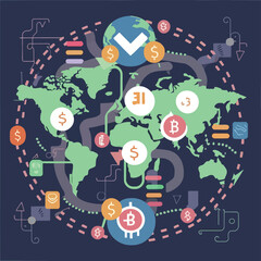Fototapeta premium 2d vector illustration colorful trading over the world map money bitcoin crypto 