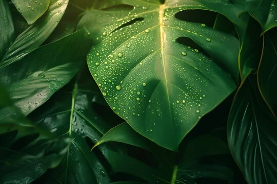 monstera green leaf with water drops