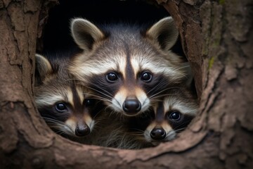 mother raccoon with her young ones , cuddled together. motherhood in animals, family, brood.