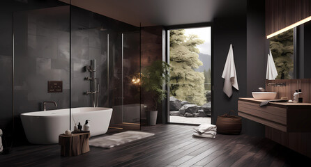 a bathroom designed with black walls and dark cabinets