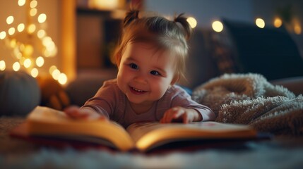 A heartwarming scene unfolds as cute children, a baby girl, smiles while reading a book in the cozy ambiance of the living room at home, illuminated by night lighting.  