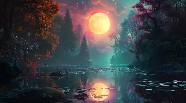 Tranquil Lake Amidst Moonlit Forest: A Serene Night in Nature's Embrace Seamless looping 4k time-lapse virtual video animation background. Generated AI