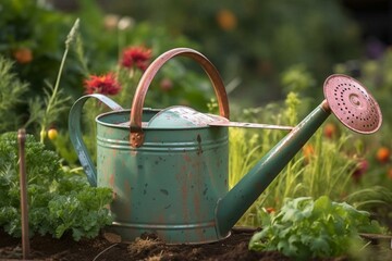 Iron watering can in vegetable garden close-up. Generative AI - obrazy, fototapety, plakaty