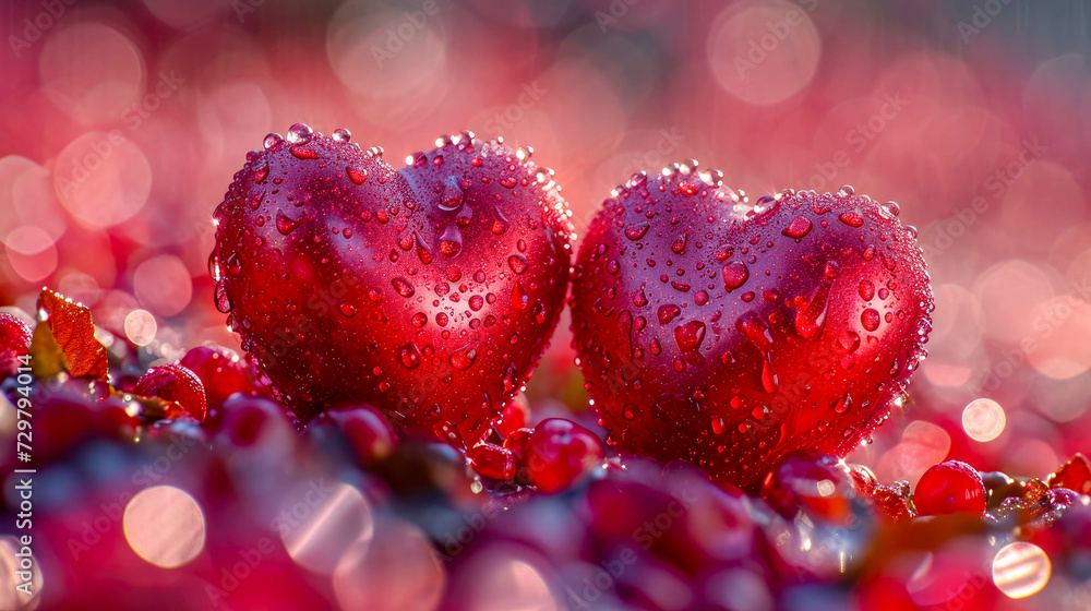 Poster valentines day background with red hearts on bokeh background