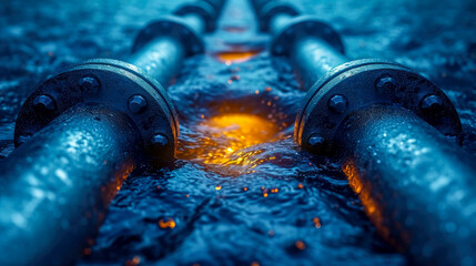 Underwater view of a pipeline for pumping and transporting oil and gas along the seabed - obrazy, fototapety, plakaty