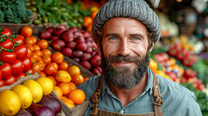 Portrait of a handsome mature man seller standing in front of a vegetable stall - obrazy, fototapety, plakaty